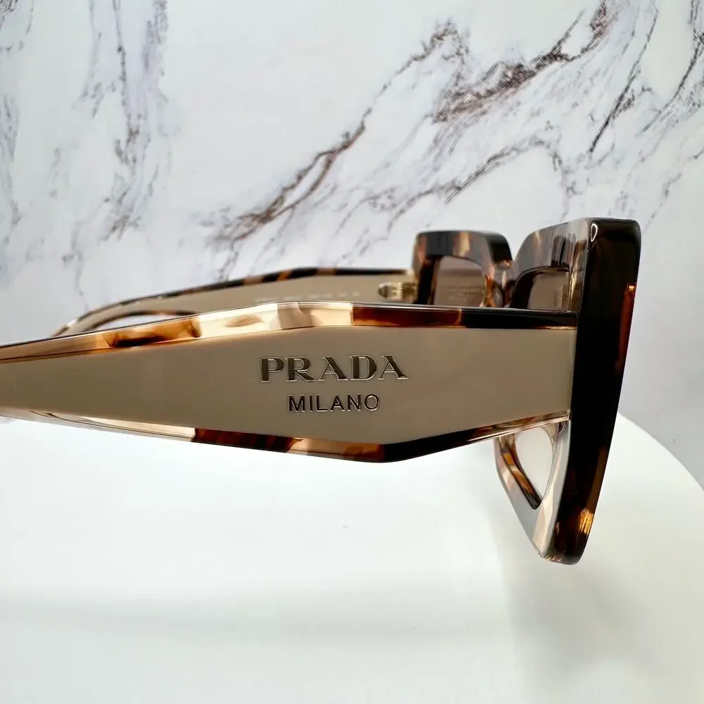 New PRADA Sunglasses Brown Beige Caramel Tortoise Gold Symbole Womens Rectangle